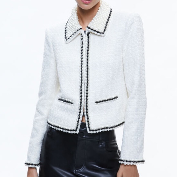 Alice + Olivia Kidman Pearl Embellished Collar Tweed Boxy Jacket Size S - Picture 1 of 7
